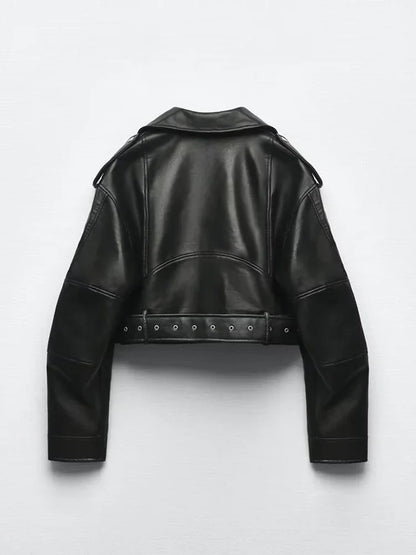 Valeria Noir – Moto Belt Edition | Chaqueta de cuero PU premium, estilo biker y corte oversize.