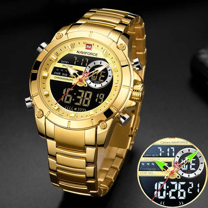 NAVIFORCE 9163 Luxury Original Sport Wrist Watch For Men Quartz Steel Waterproof Dual Display Military Watches Relogio Masculino